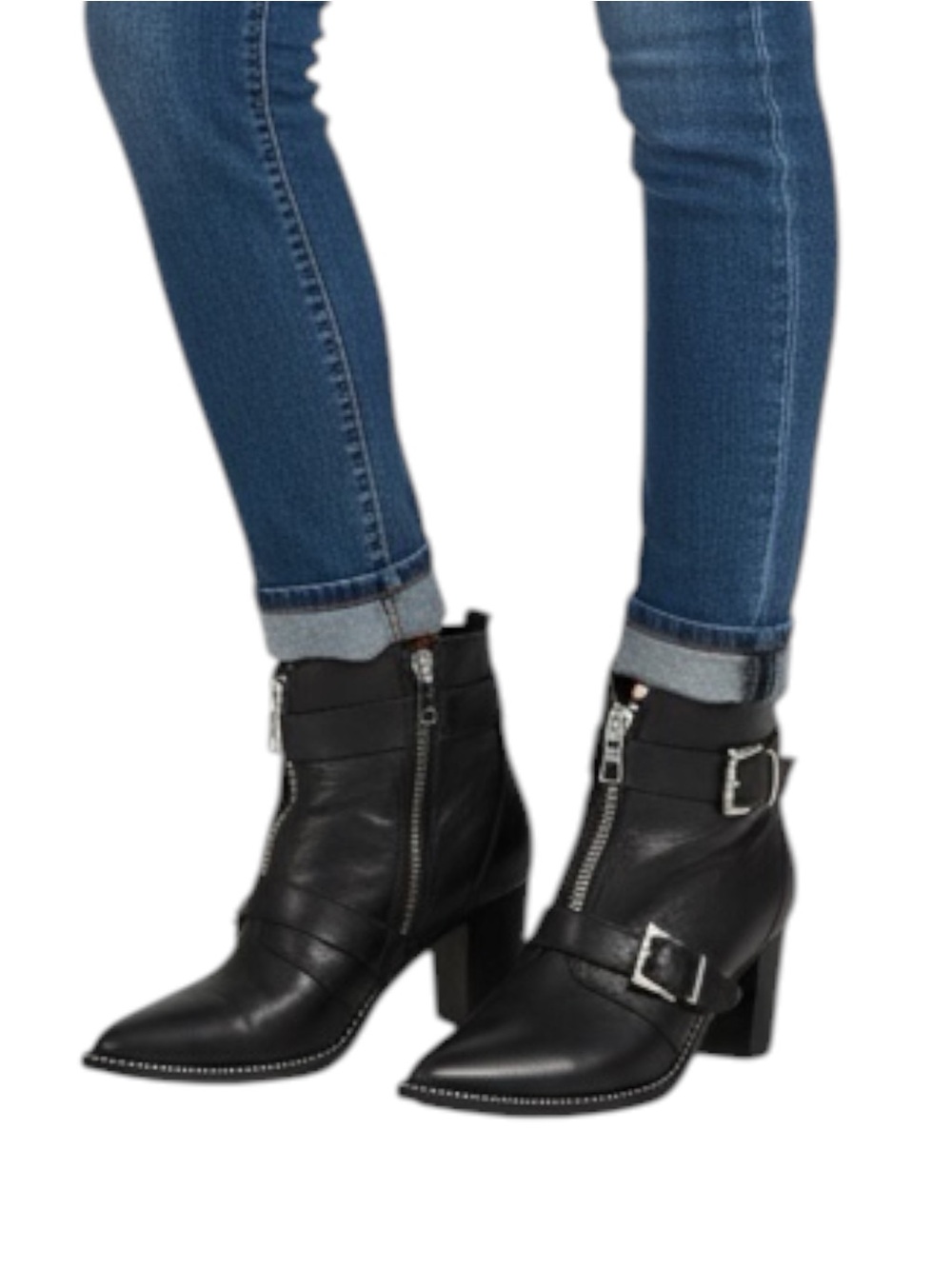 Steve Madden Halle Moto Buckle Black Leather Pointed Toe Zipper Booties